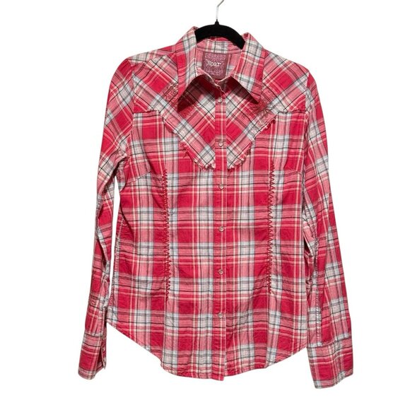 Roar Pearl Snap Embroidered Pink Plaid Long Sleeve Rockabilly Womens Shirt Sz XL - Picture 2 of 10